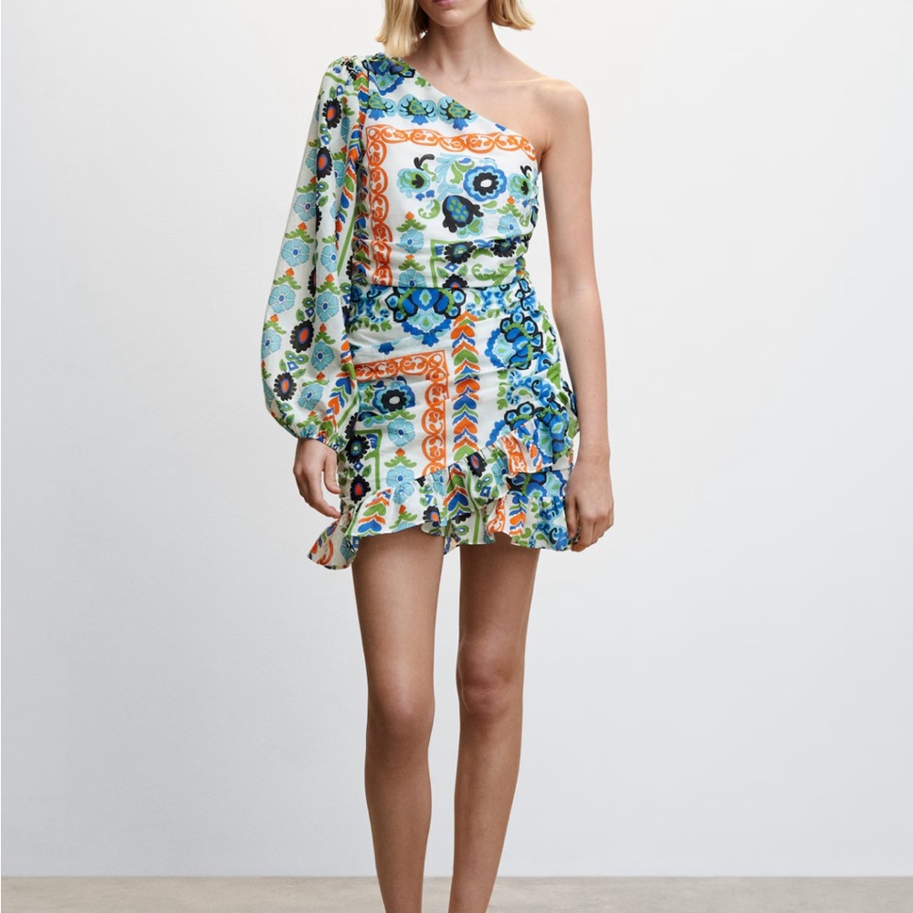 US4 Mango One Shoulder Floral Dress Ruffle Bottom ASYMMETRICAL PLEATED DRESS